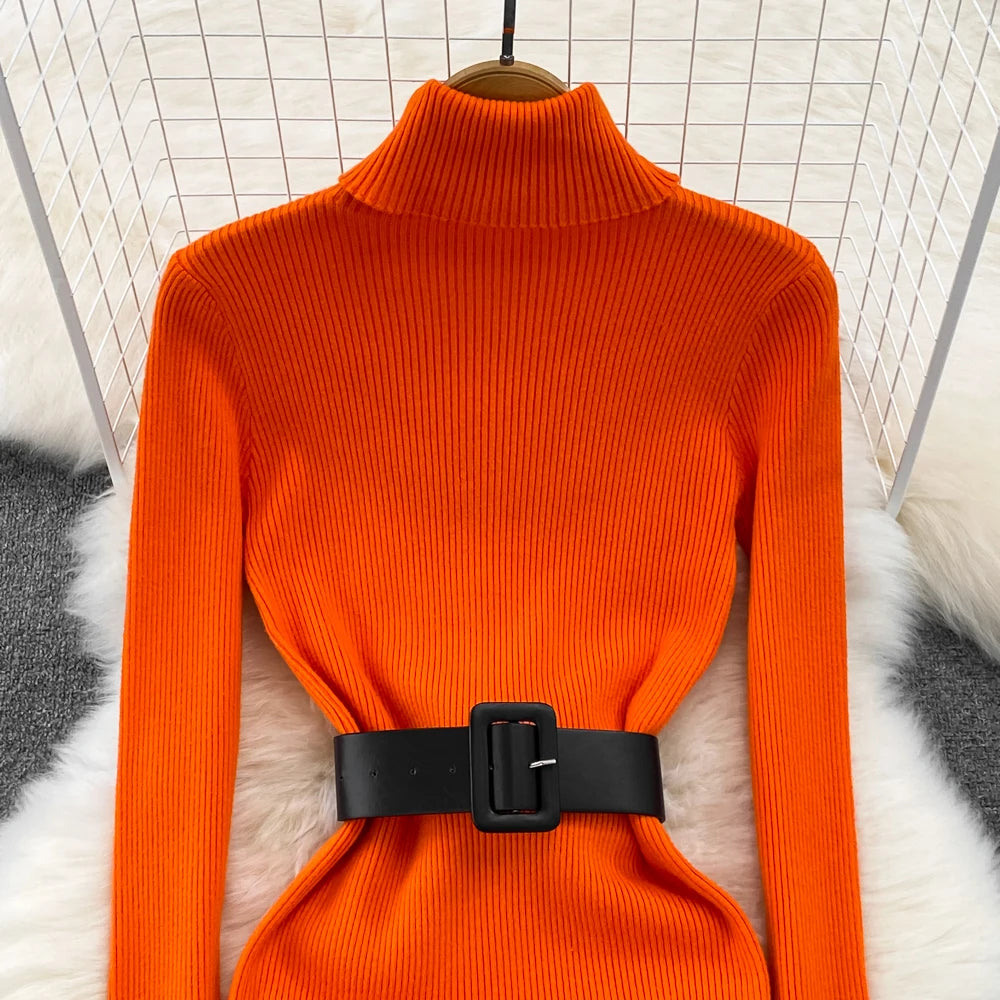 REALEFT Herbst Winter 2025, neue Rollkragen frauen Gestrickte Kleider mit Gürtel Langarm Elegante Bodycon Wrap Kleid Weibliche