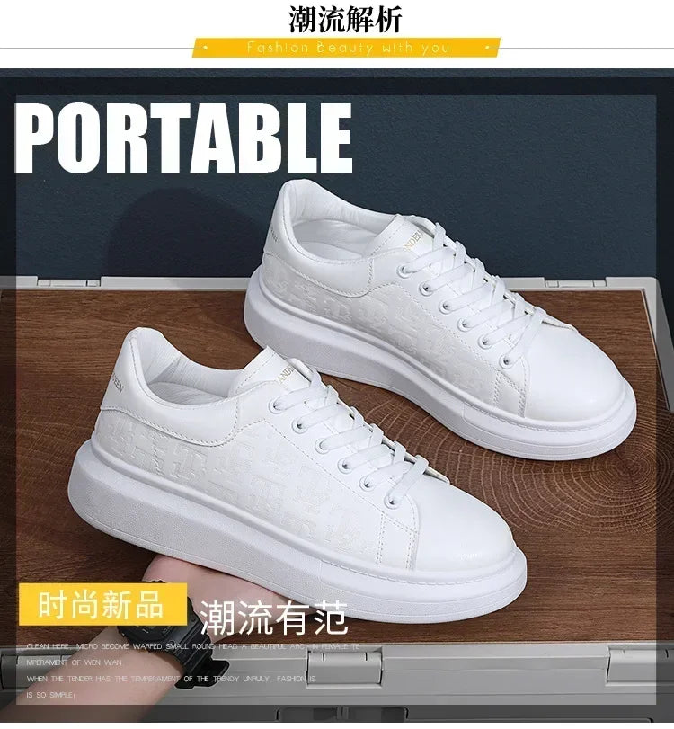 2025, neue Herrenschuhe, Frühling und Herbst, flache Sohlen, lässige Lederschuhe, Sportschuhe, schwarze und weiße Herren-Schuhe mit dicken Sohlen, atmungsaktiv