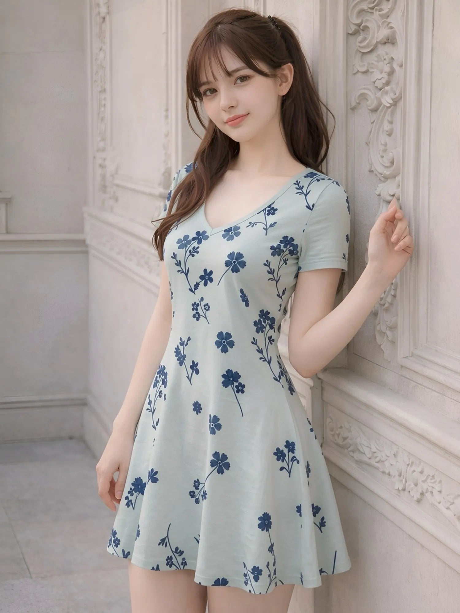 Damen-Minikleid mit V-Ausschnitt, kurzärmelig, Blumenmuster, lässiges Reiseoutfit, feminin, anmutig, entspannt, leicht zu tragen, modisch, charmant, niedlich, Café
