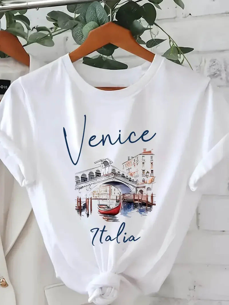 Heißer Verkauf Venedig Italia Brief Drucken frauen Rundhals T-Shirt Casual Kurzarm Brief Drucken Frühling Sommer Top T T Shirt