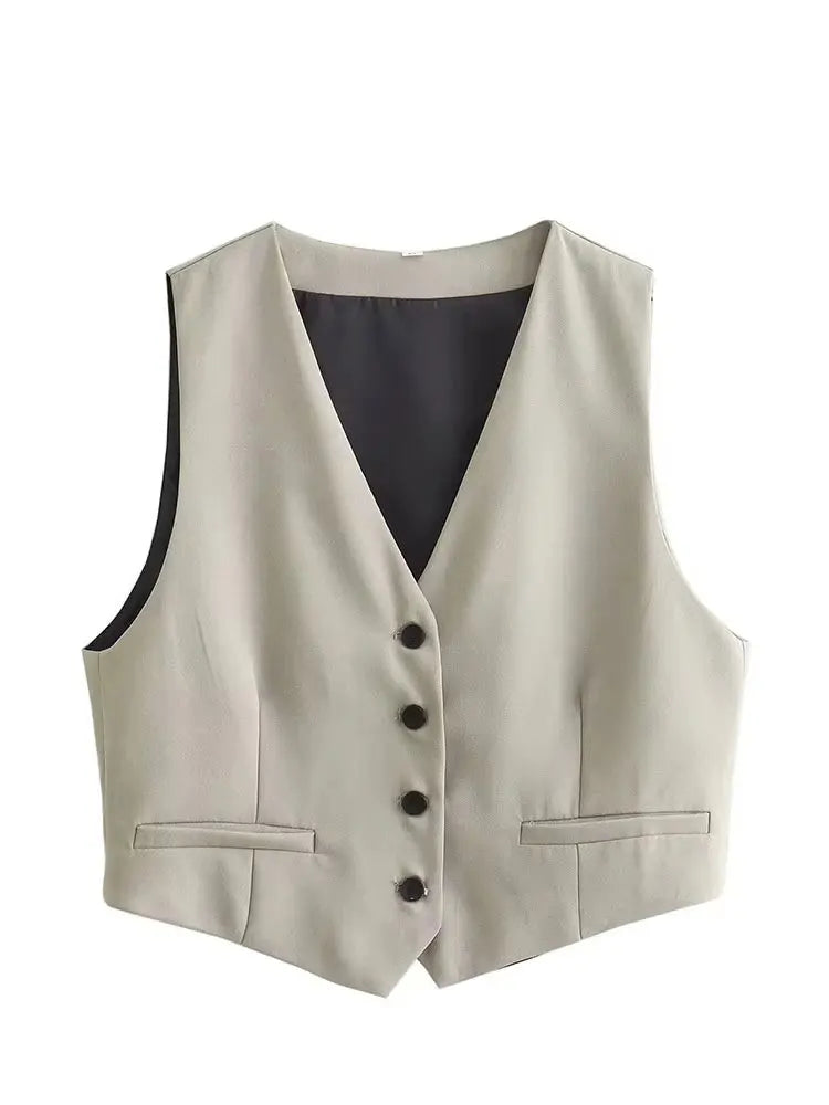 HH Damen ärmellose Weste mit Knöpfen & weit geschnittene Hose 2-teiliger Anzug Lässiges Büro-Arbeitsoutfit für den täglichen Geschäftsgebrauch.