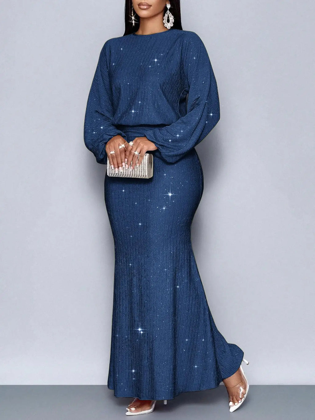 Elegantes, langärmliges Fischschwanzkleid mit Perlenverzierung und Falten für formelle Anlässe, Polyester-Lycra-Mischung, Sommer 2025,