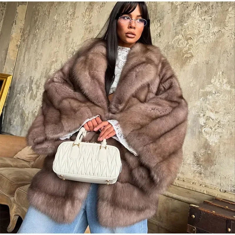 Brauner mittellanger Pelzmantel für Damen, Revers, versteckter Knopf, lockere, elegante Oberbekleidung, 2025, modischer Bürodame, Pendelmantel, Neu