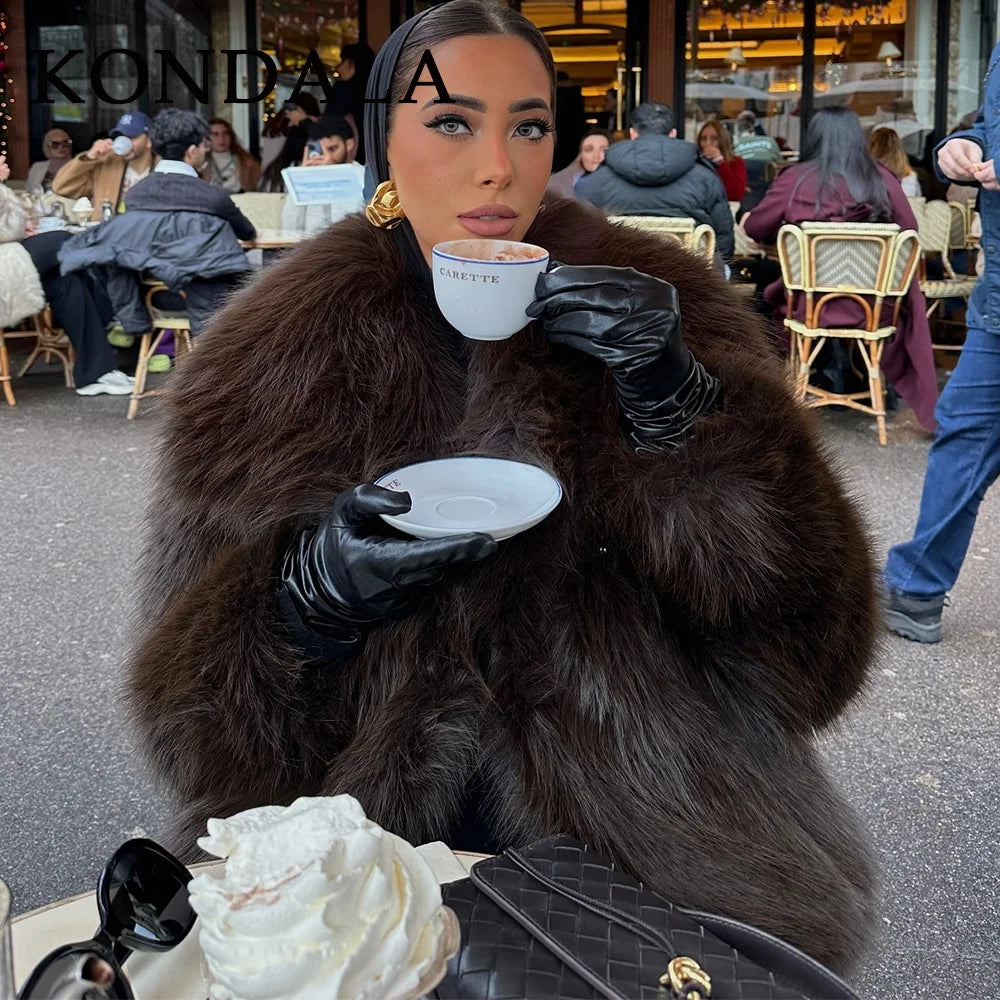 KONDALA 2025, Herbst und Winter, lässig, Kunstpelz, braun, für Damen, warme Jacken, Streetwear, Umlegekragen, Weihnachten, übergroße, elegante Mäntel