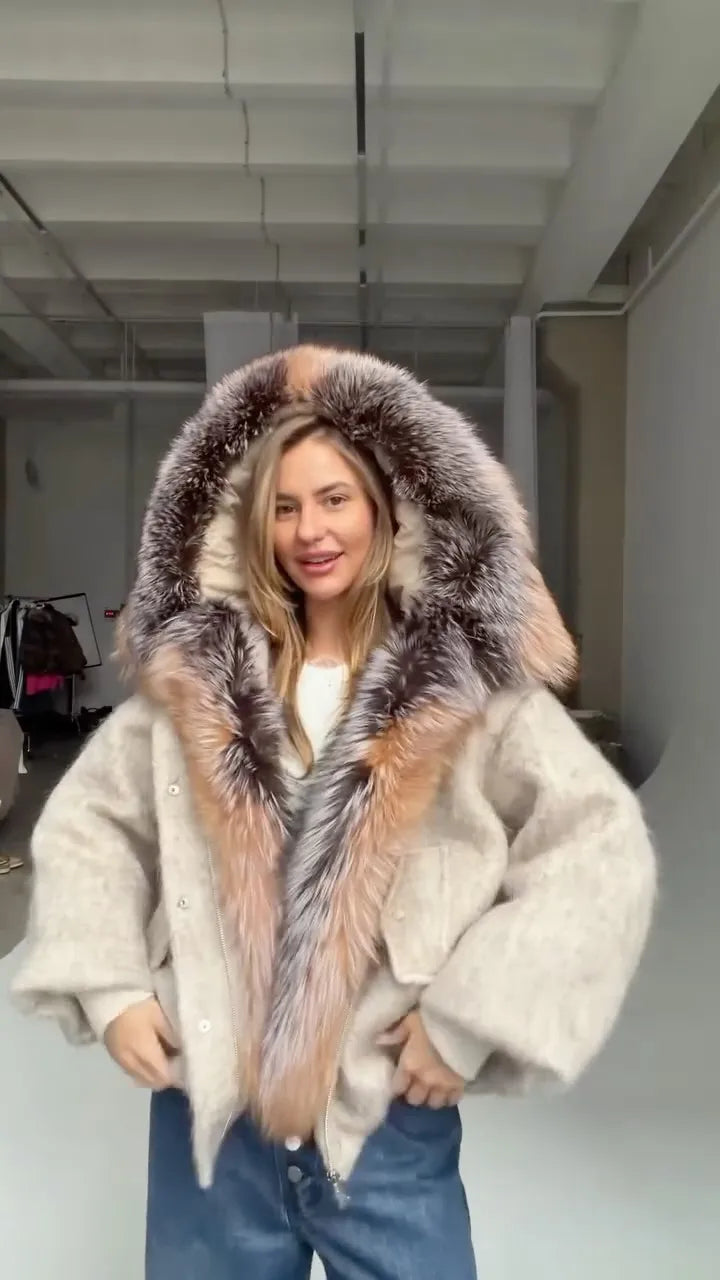 Gefärbter Pelzkragen, kurze Wolljacke für Damen, modisch, Revers, volle Ärmel, einreihig, Patchwork, lose Jacken, 2025, Winter-Outwear