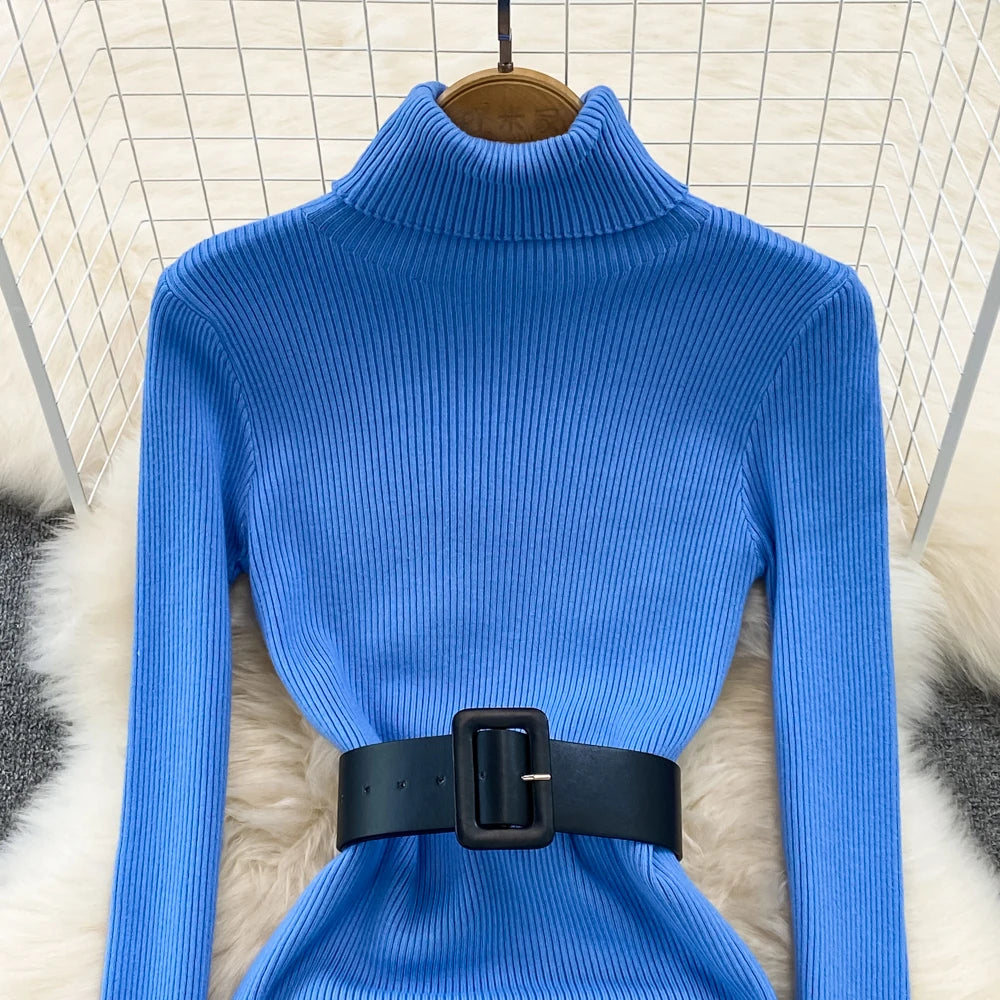 REALEFT Herbst Winter 2025, neue Rollkragen frauen Gestrickte Kleider mit Gürtel Langarm Elegante Bodycon Wrap Kleid Weibliche
