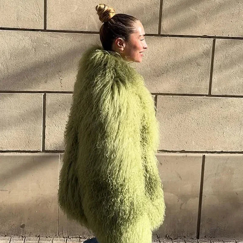 Mongolei Woolen Faux Pelz Jacke Solide Frauen Mode Drehen Unten Kragen Langarm Strickjacke Kurze Mäntel Dame Täglichen Straße Outwears