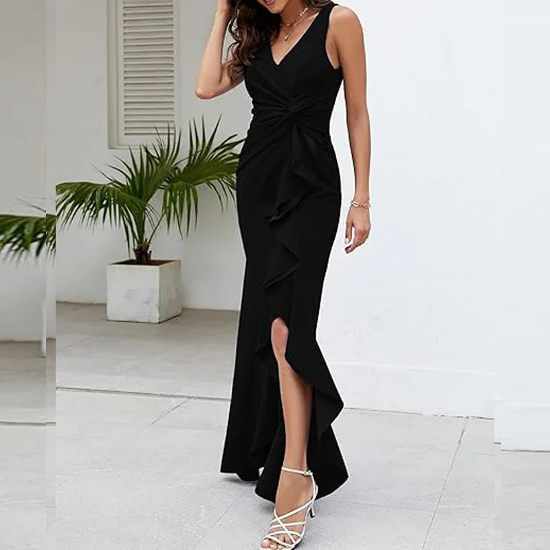Sexy Schlitz, Rüschen, ärmellos, Abendkleider für Damen, modisch, V-Ausschnitt, schlank, plissiert, elegantes weibliches Maxi-langes Kleid 2025,