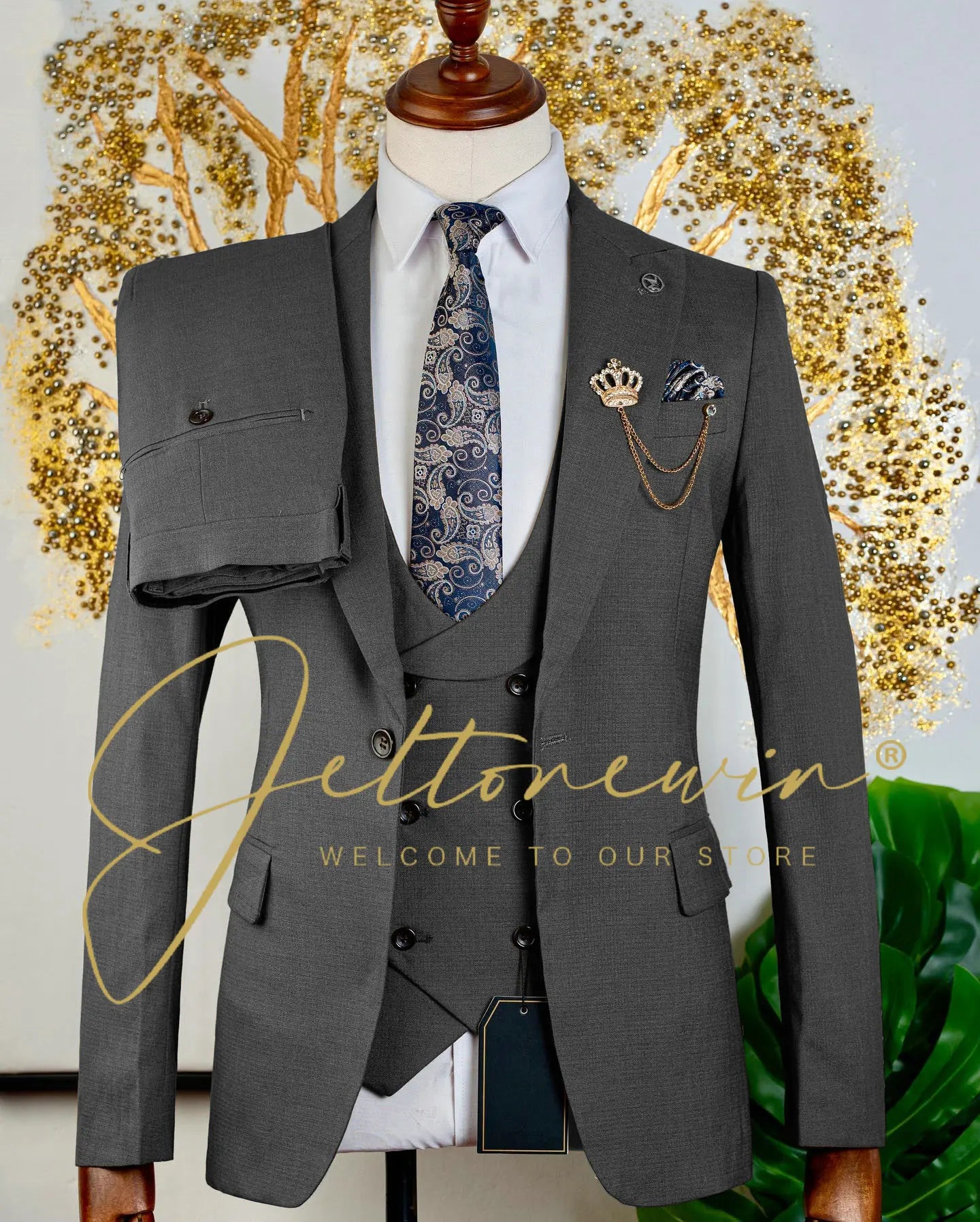 Brauner dreiteiliger Herrenanzug mit Weste und Hose, schmale Passform, formelle Kleidung für Hochzeit, Trauzeugen, Party, Business-Anlass