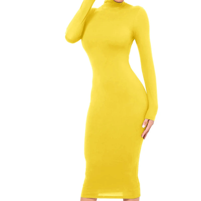 Winter Schwarz Rollkragen Sexy Frauen Kleid Herbst Langarm Dünne Midi Boydcon Casual Blau Plüsch Knie-Länge Party