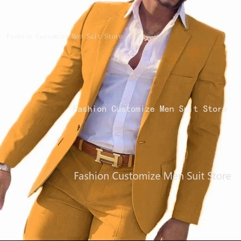 2-teiliger beigefarbener Anzug für Männer, Slim Fit, Hochzeit, Bräutigam, Smoking, Trauzeugenanzüge, männliche Mode, Raucherkostüm, Homme, Blazer mit Hosen