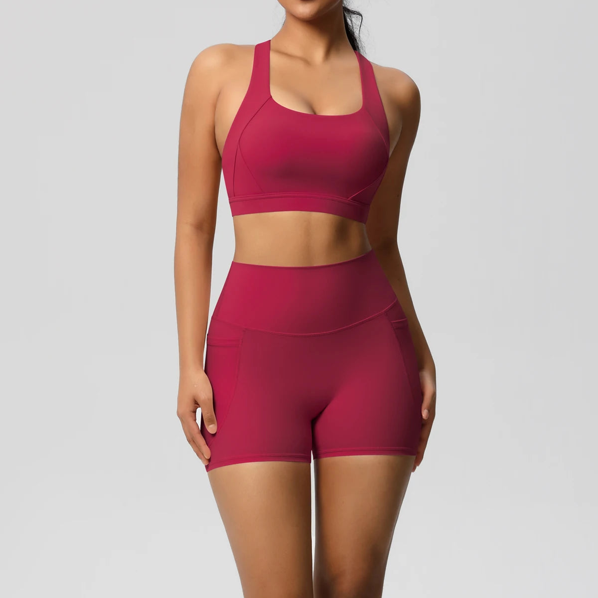 2PCS Sportswear Mit Taschen Yoga Set Gymnastik Kleidung Yoga Anzüge Für Frauen Trainingsanzüge Sport Shorts Crossover Bh Gym Leggings