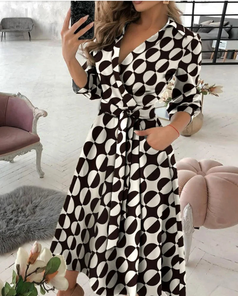 Herbst Neue Casual frauen Mode Lange ärmeln V-ausschnitt Gedruckt Muster Mid-länge Elegante Gedruckt frauen Kleid