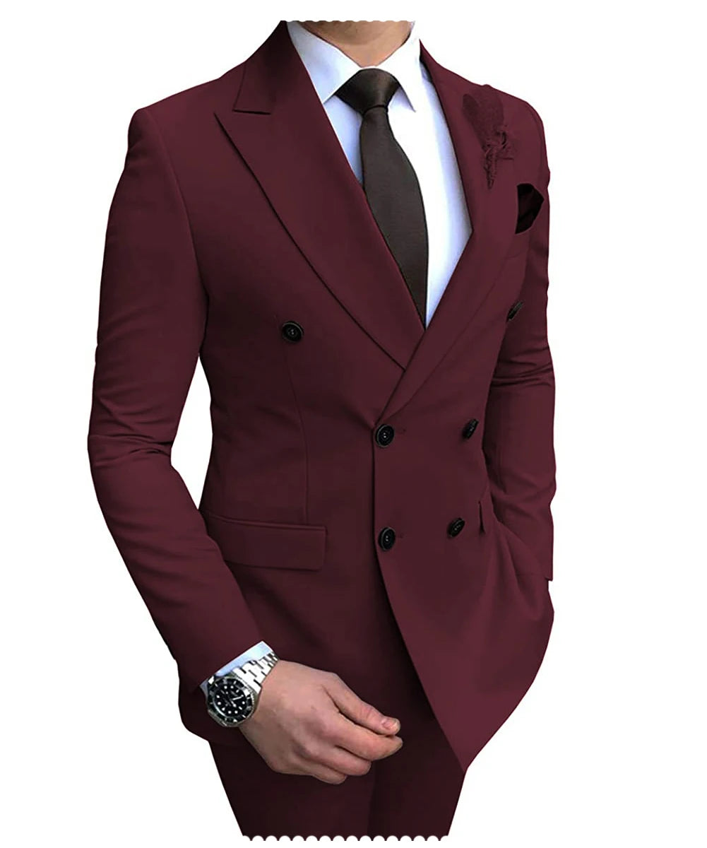 2024 Neuer beigefarbener Herrenanzug, 2-teilig, zweireihig, Reverskragen, flach, schmale Passform, lässiger Smoking für Hochzeit (Blazer + Hose)