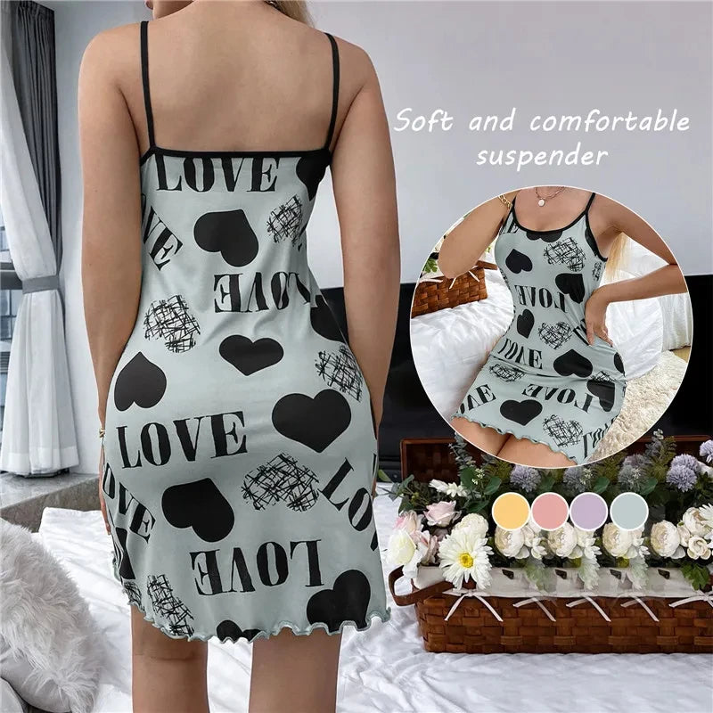 Sommer Neue frauen Nachthemd Schönheit Zurück Dünne Abschnitt Von Hause Tragen Sexy Halter Kurzen Rock Liebe Cartoon Nette Druck Pyjamas