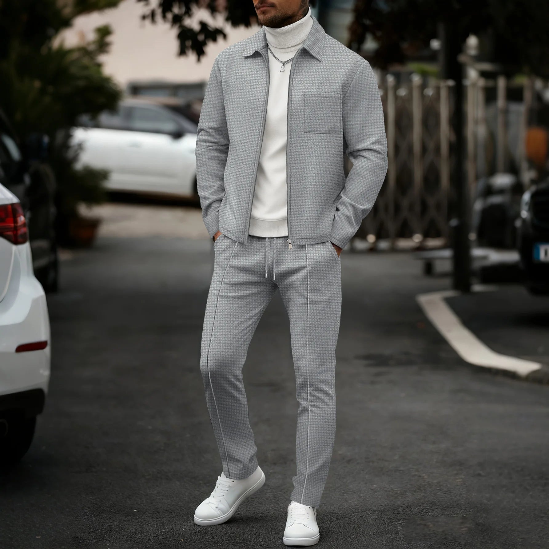 2026 Neue Herren Frühling-Herbst Karierte Strickjacke mit Reißverschlusskragen und Hosen-Set (mit Taschen)