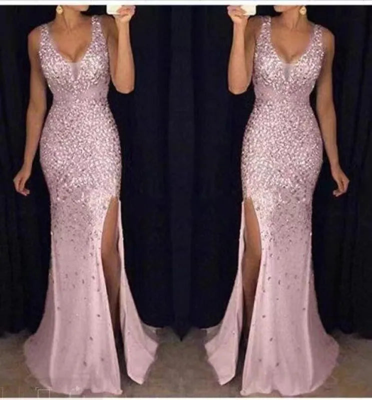 2023 neue Frauen Party Kleid Mesh Patchwork Pailletten Ärmel Split Saum Abendkleid Meerjungfrau Form Slim Fit Prom Bankett Kleid