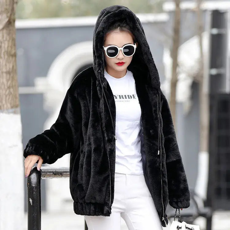 Plüsch-Kapuzenjacke für Damen, mittellang, Winter, neuer lockerer Plüsch, warmer, langer Ärmel, Plüsch, kurze Jacke, modischer Freizeitmantel