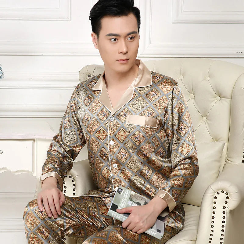 Hohe Qualität Pyjamas Set Männer Frühling Herbst Dünne Polyester Eis Seide Lange ärmeln Nachtwäsche Plus Größe Sommer Hause Kleidung männlichen