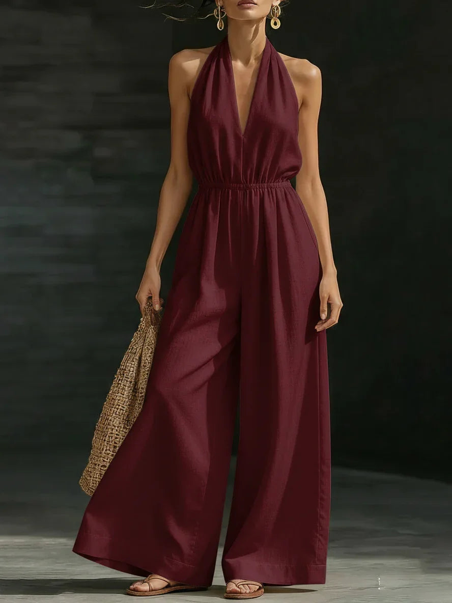 Damen 2026 Neuer V-Ausschnitt Neckholder-Jumpsuit – Designer-Overall im französischen Stil mit weitem Bein, schicker Büro-Casual-Einteiler