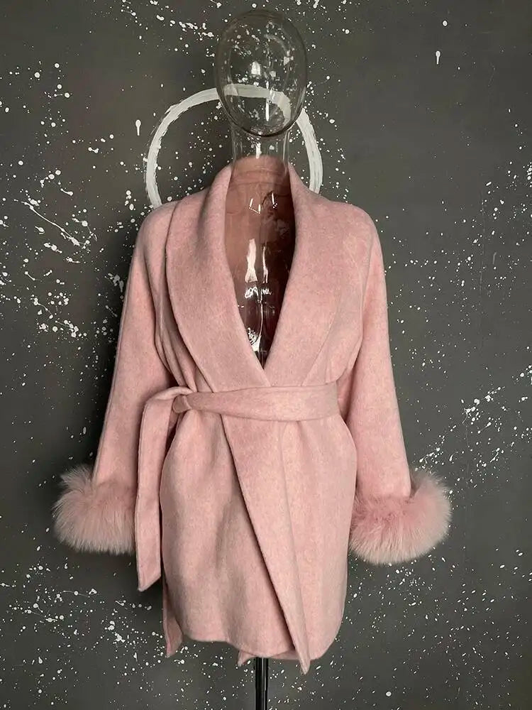 UCXQ Elegant OL Office Lady Overcoats Fur Patchwork Long Sleeve Woolen Coat Beautiful Women's Clothing Jacket Autumn 2025 Winter