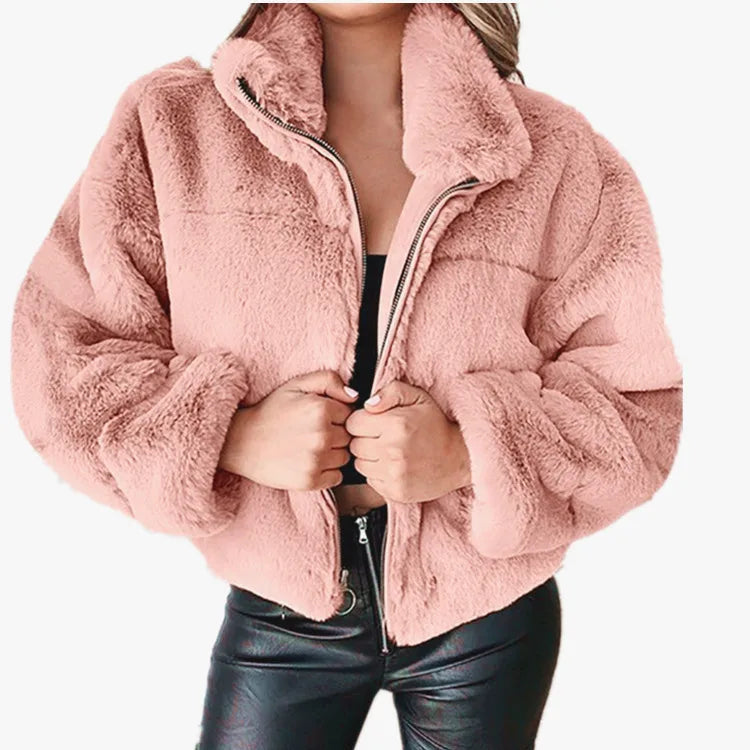2025, Winter frauen Warme Jacke Zipper Strickjacke Faux Pelz Mode Langarm Stehen Kragen Plüsch Mantel für Weibliche