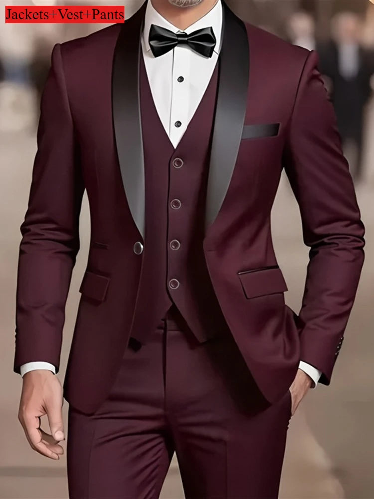 Formelles Anzugset für Herren, Business-Casual, Slim-Fit-Smoking für Hochzeit, langärmliges Revers mit Kerbe, Bräutigam