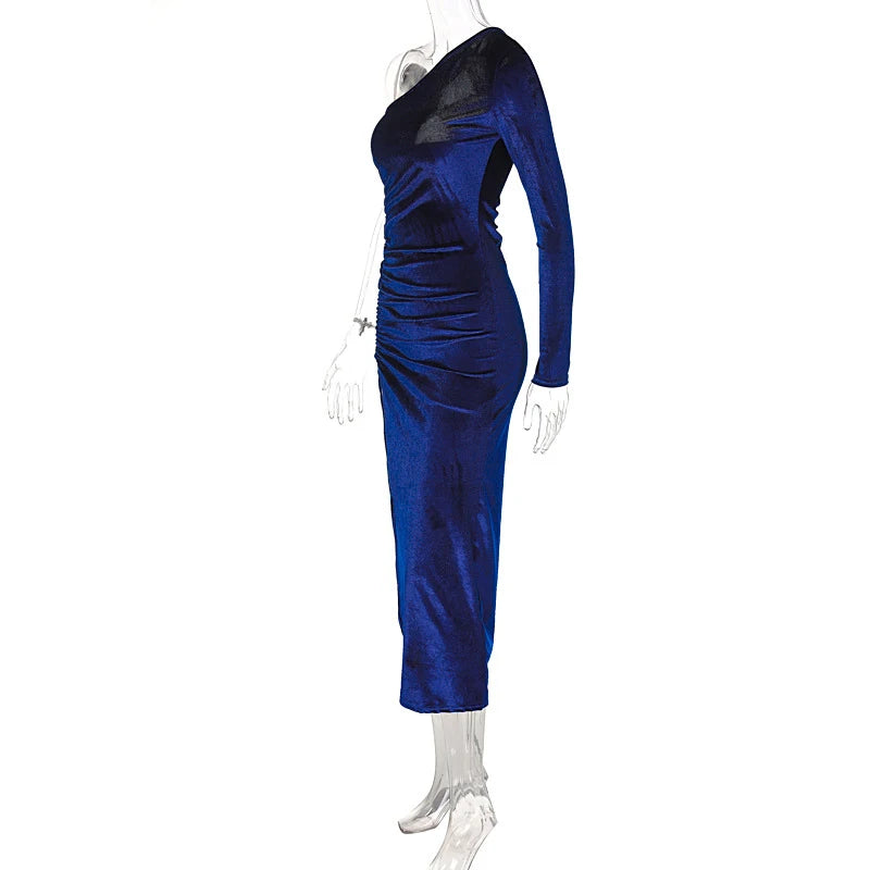 Frauen Elegante Langarm Party Abend Samt Bodycon Split Bleistift Midi Kleid Frühling Herbst Kleidung