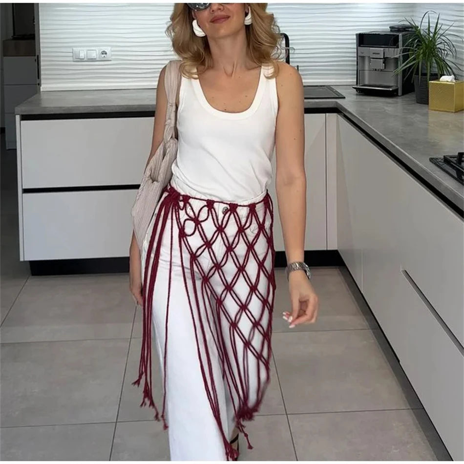 Handgewebter Bikini-Überwurfrock mit Netzfransen am Bund – Festival- und Streetwear-Accessoire für Anzüge und Jeans