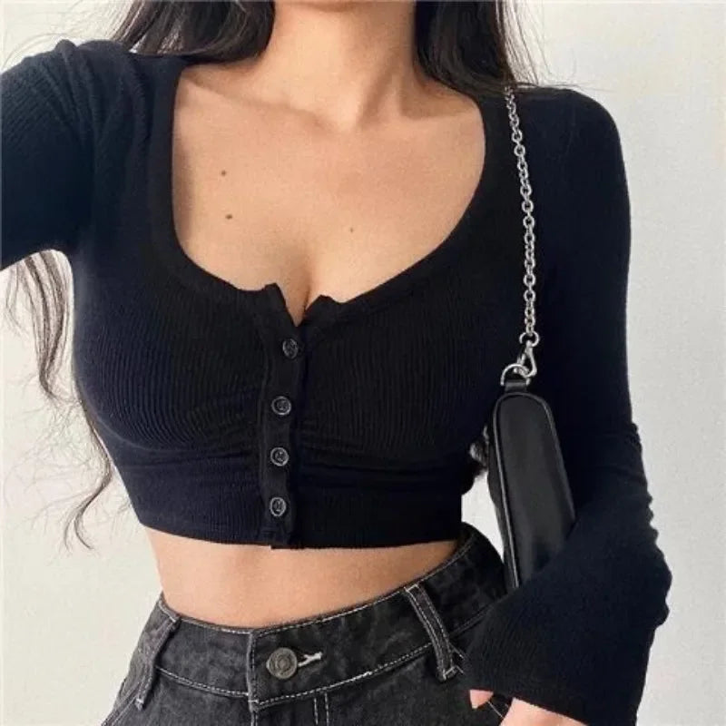 sommer Sexy Frauen Crop Tops Langarm T-shirt Clubwear Tasten Solide T Shirt Frauen Schwarz Weiß Schlank Tops