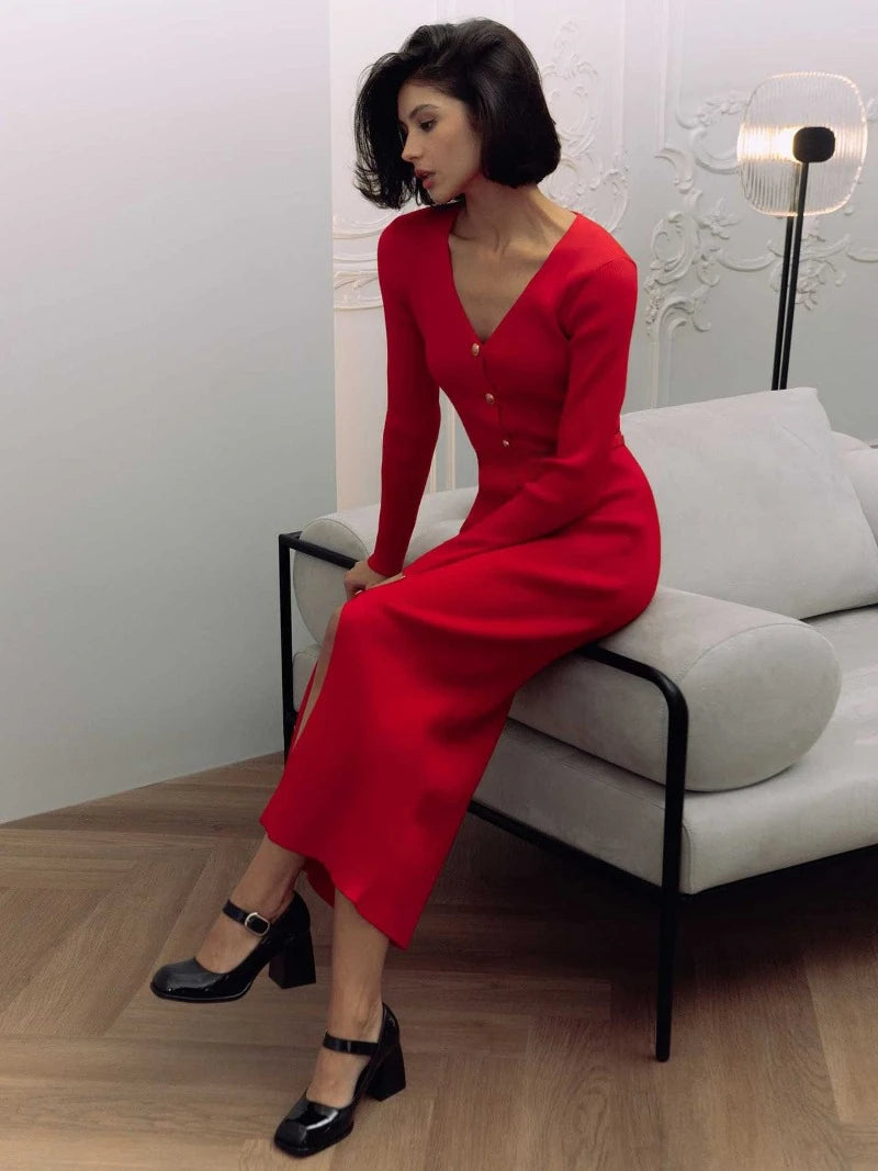 Trendix Elegantes Abendkleid für Damen, V-Ausschnitt, lange Ärmel, Patchwork, Knopf, Schlitz, Pullover, Kleider, 2024, Herbst und Winter, gestricktes Maxikleid
