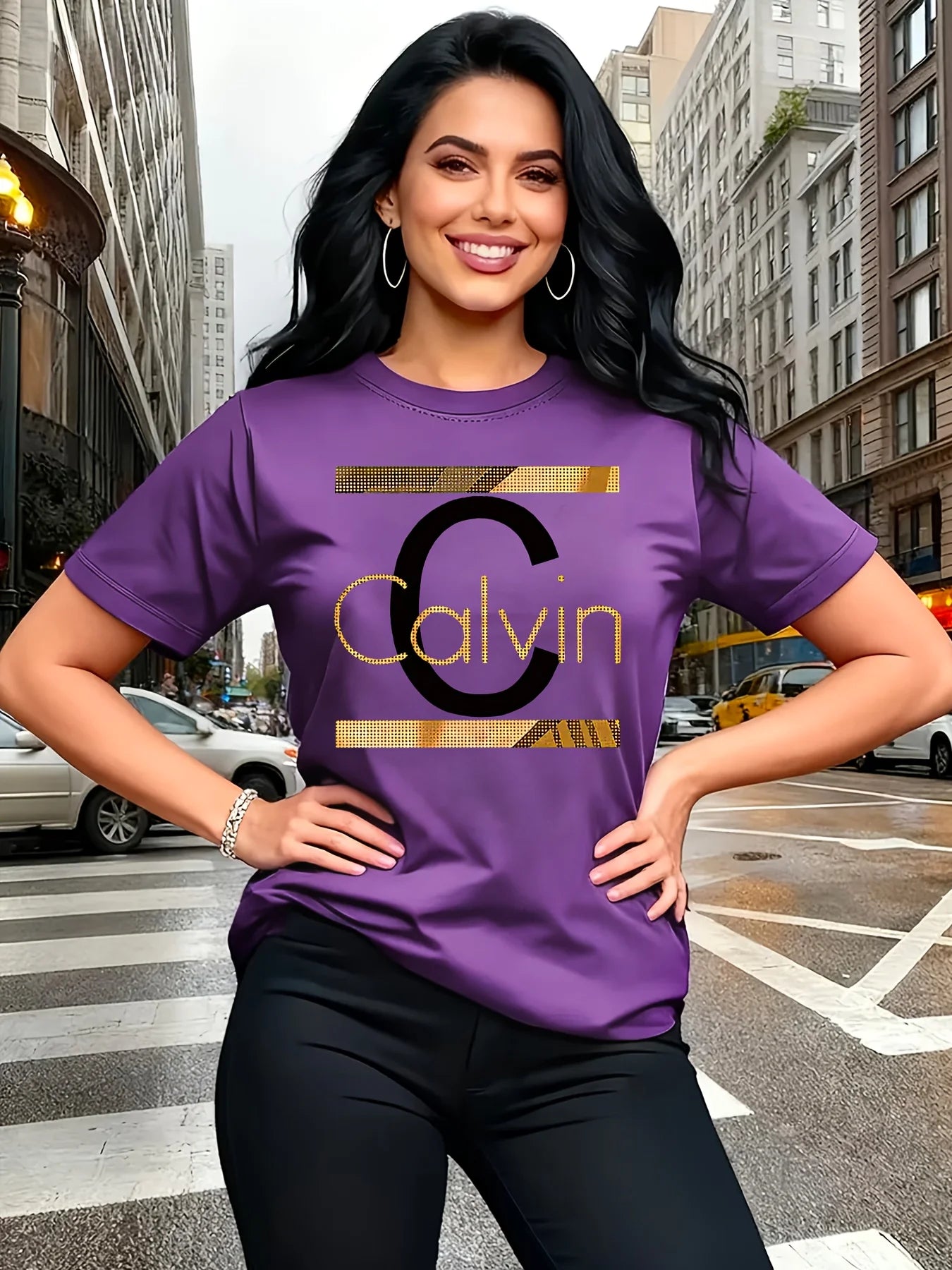 Calvin Buchstaben-Print Damen-T-Shirt - Goldgrafik Grünes Casual-Oberteil