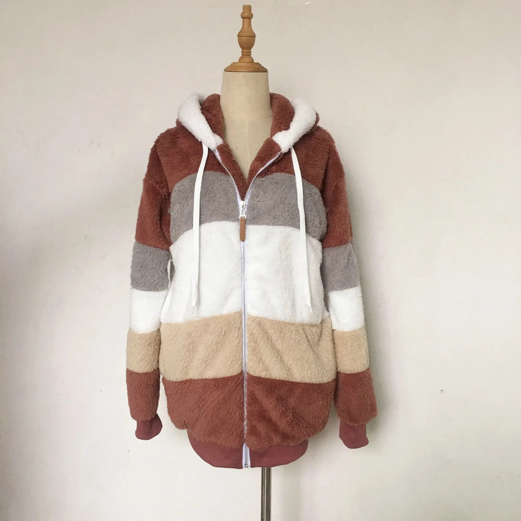 Warme Fleece-Übergroße Kapuzenjacke für Damen, Herbst und Winter, verdickte Reißverschlusstasche, Patchwork-Kleidung, bequemes Sweatshirt