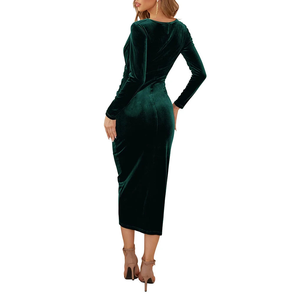 Herbst Velvet Bodycon Purple Midi Dress Women Long Mouw Ruffles Slim Fit Avondjas Female Party Cocktail Dress Jurken