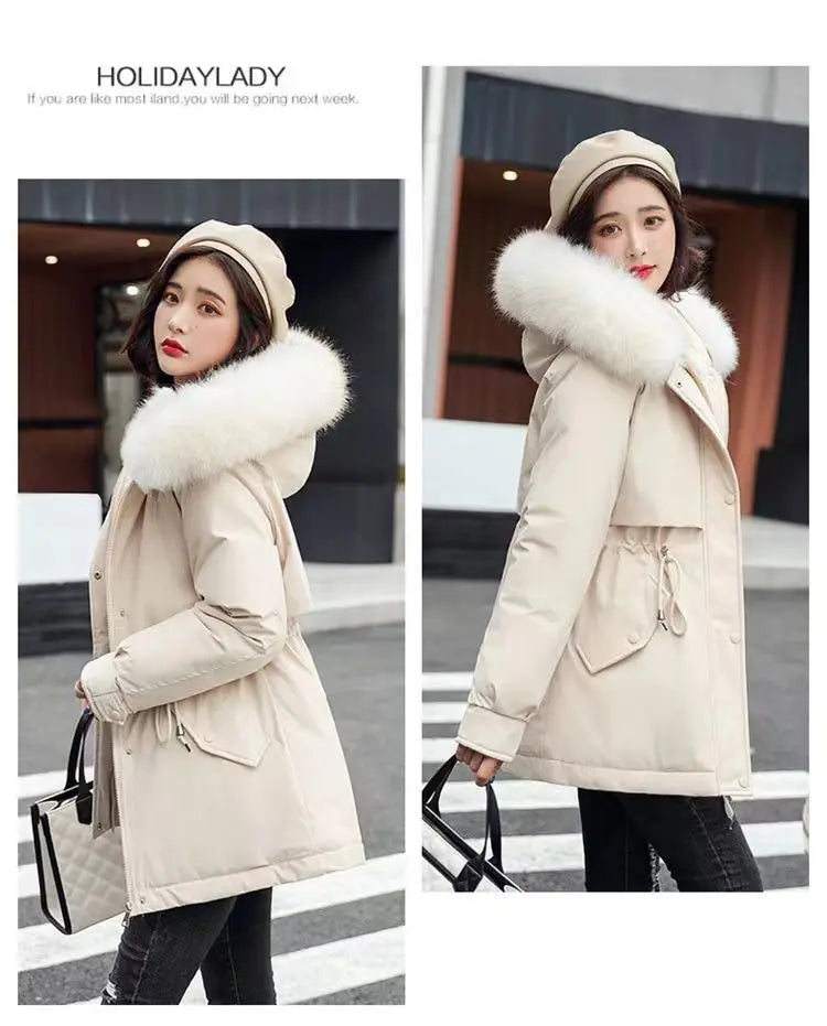 Frühling Parkas Frauen Mäntel Mittlere Länge Mantel Dicke Warme Mit Kapuze Kordelzug Jacken Splice Zipper Enge Taille Jacke Herbst Winter