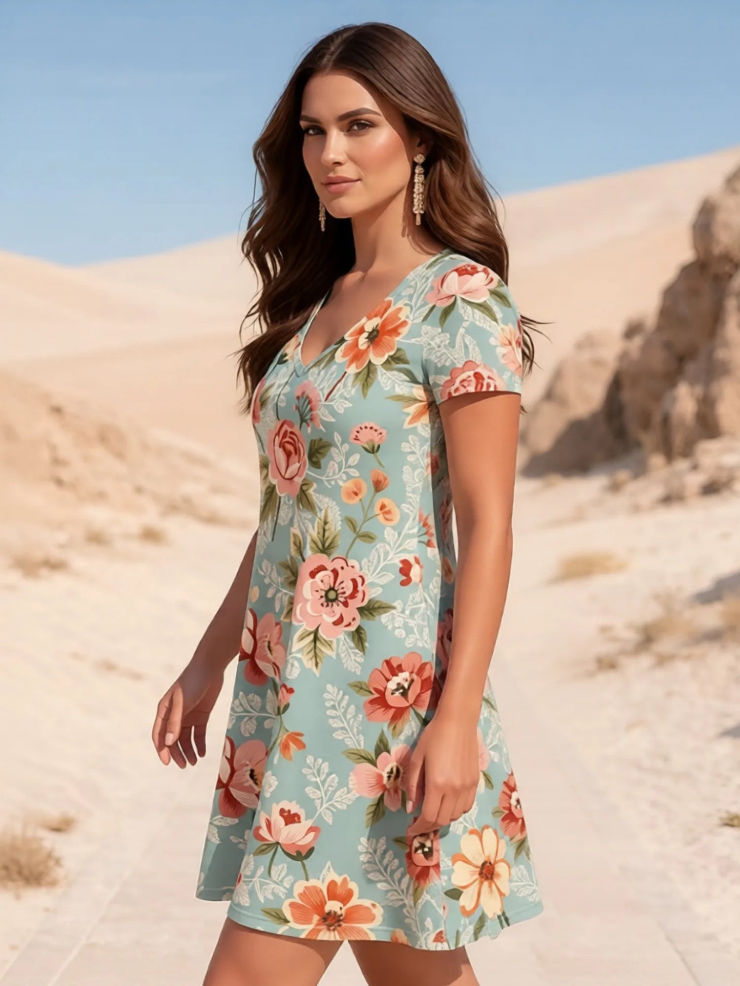Damen-Kleid mit V-Ausschnitt, kurzen Ärmeln und Blumenmuster, Skater-Kleid für den Alltag, lässiges Outfit, schön, für den Alltag, feminin, anmutig, entspannt, leicht zu tragen, süß, Café
