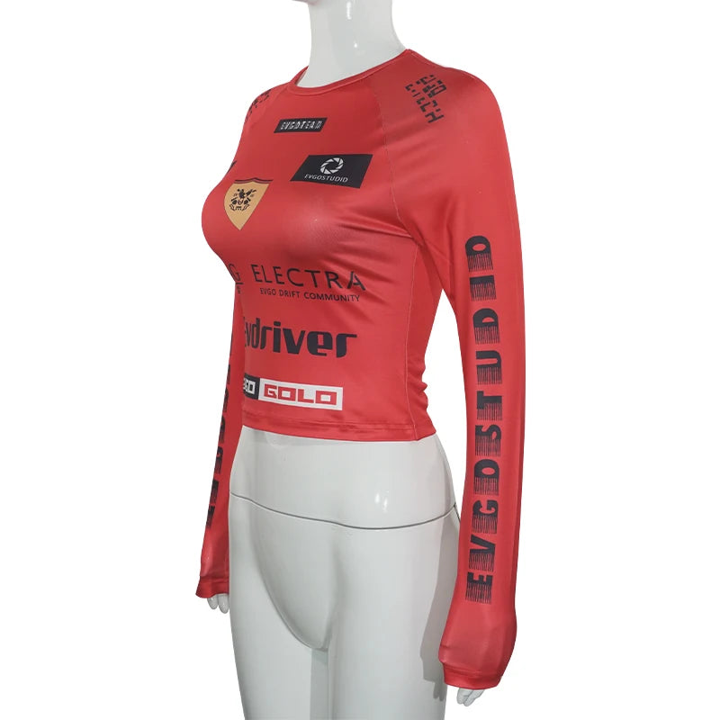 Oshfall European and American hot girls 2024 autumn new motorcycle style letter print round neck long sleeve slim women's tops