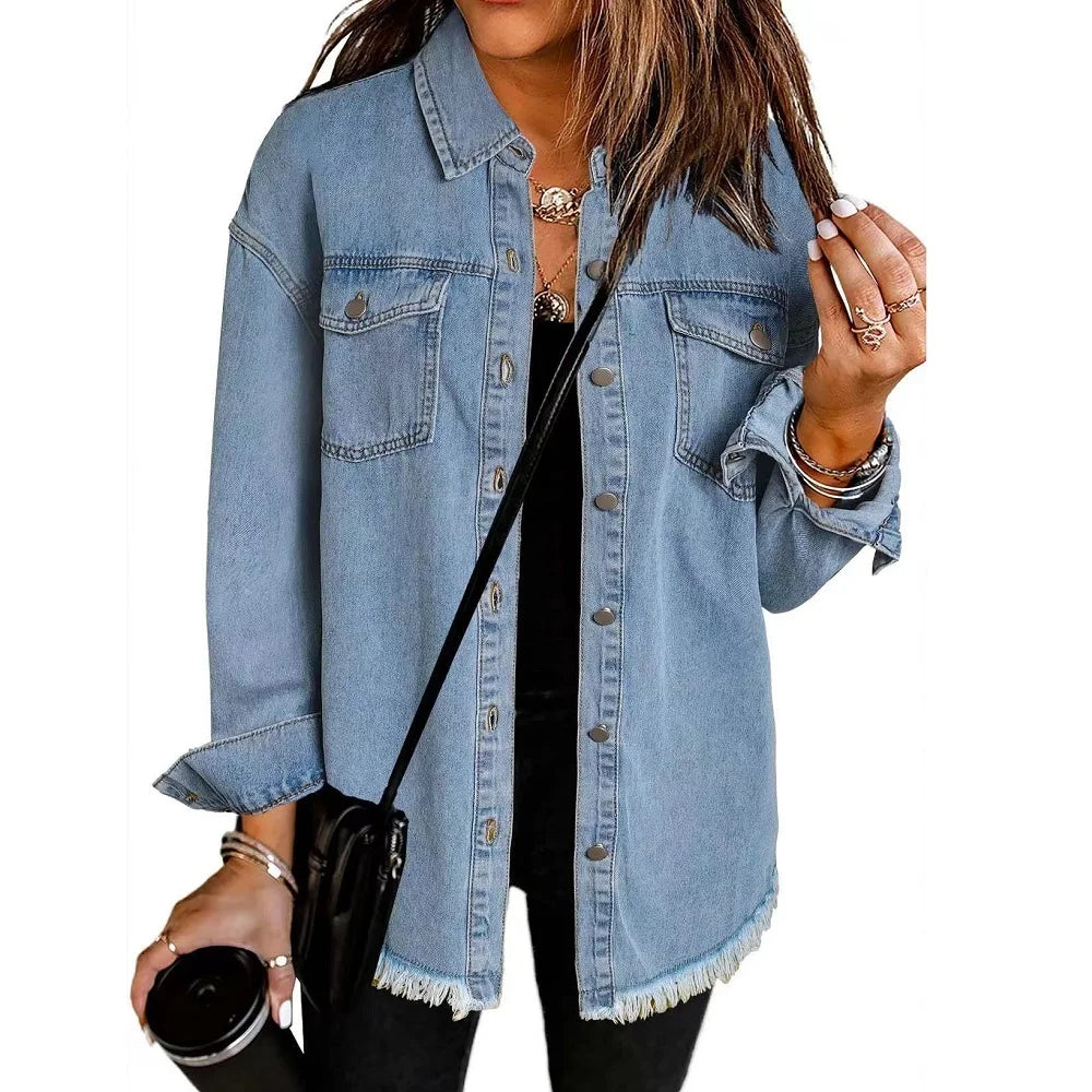 Gewaschene Denim Jacke Frauen Herbst Quaste Revers Jeans Jacke Weibliche Casual Lose Langarm Einreiher Oberbekleidung Shirts Mantel