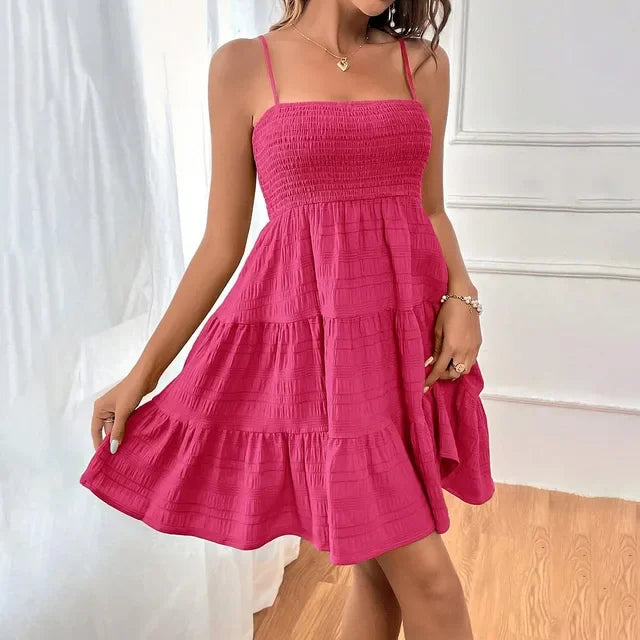 Bohemian Strand Sommerkleid Frauen Sexy Ärmellose Backless Große Schaukel Mini Kleid Solide Spaghetti Strap Rüschen Kleid Sommer Vestidos