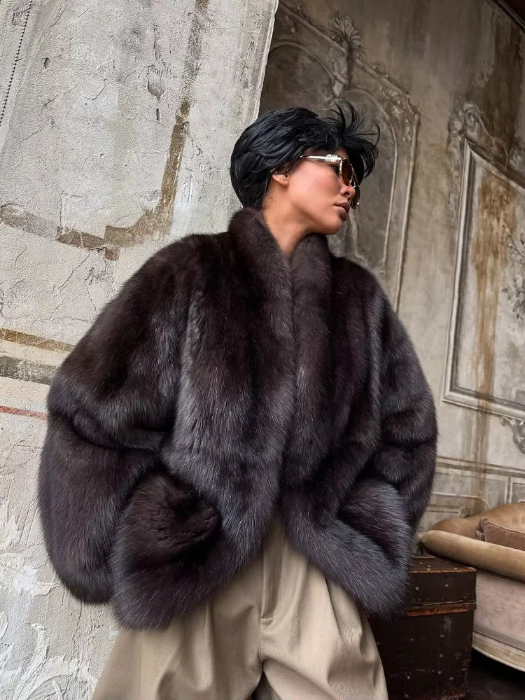Brauner mittellanger Pelzmantel für Damen, Revers, versteckter Knopf, lockere, elegante Oberbekleidung, 2025, modischer Bürodame, Pendelmantel, Neu