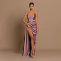 Elegantes Trägerloses Einfarbiges Abendkleid Schickes Satin-Korsettkleid für Damen V-Ausschnitt Geschlitztes Blaues Langes Kleid Damen Sommer-Partykleid