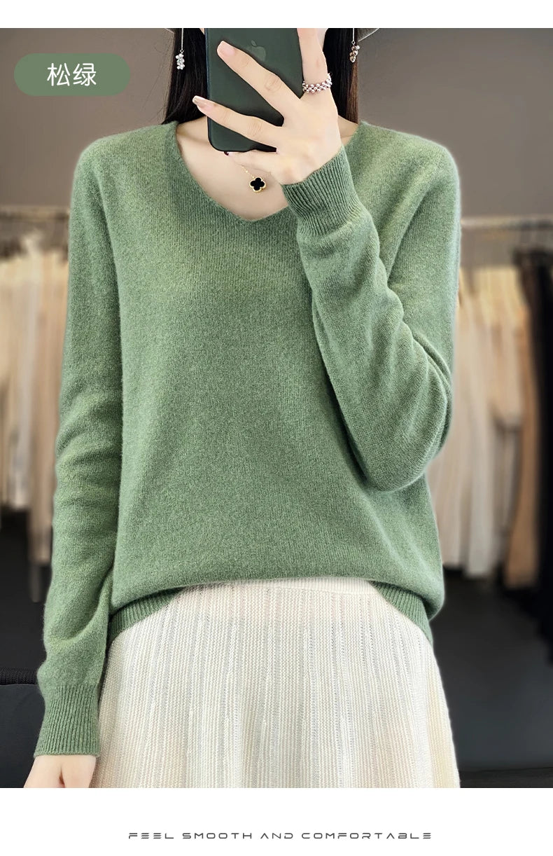Frauen 100% Merinowolle Pullover V-Ausschnitt Basic Pullover Herbst Winter Kaschmir Kleidung Langarm weiche Strickwaren Tops einfarbig