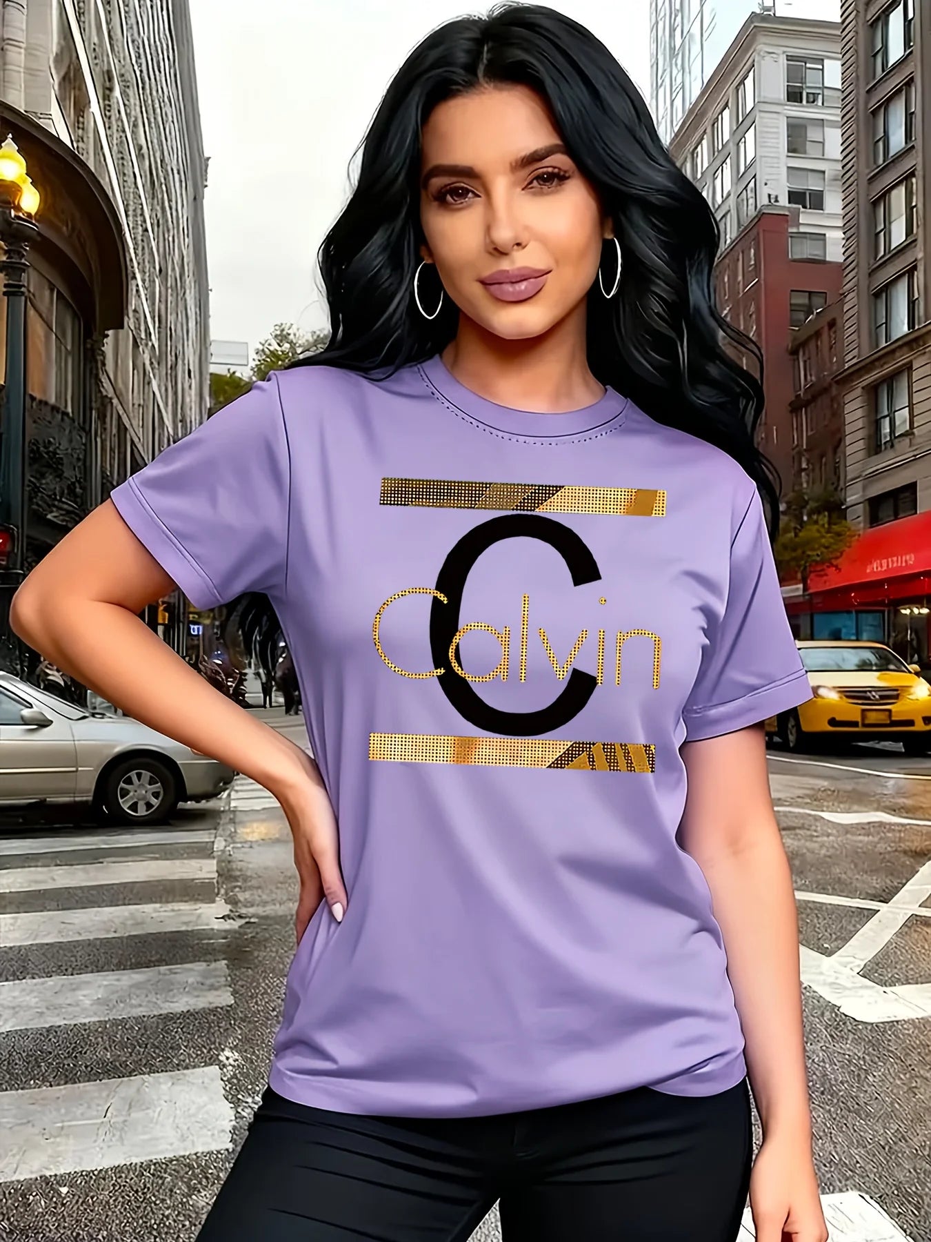 Calvin Buchstaben-Print Damen-T-Shirt - Goldgrafik Grünes Casual-Oberteil