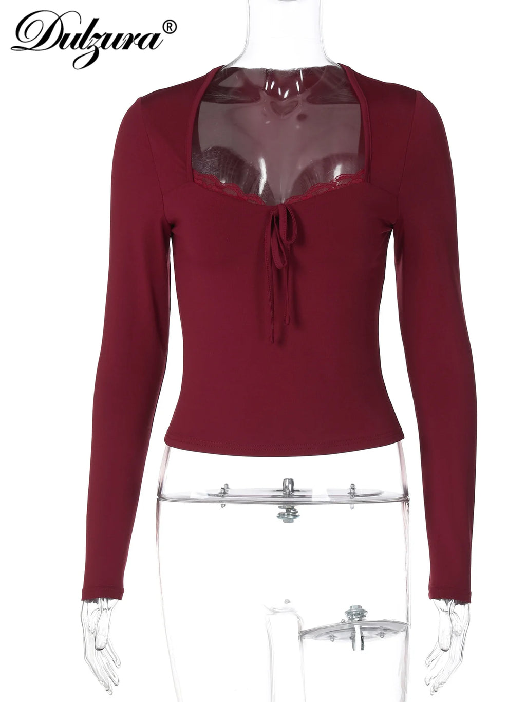 Dulzura 2025 Herbst Neueste Mode Sexy Quadrat Kragen Langarm Schlank Spitze Up Spitze Rüschen Patchwork T-Shirt Party Club Kleidung