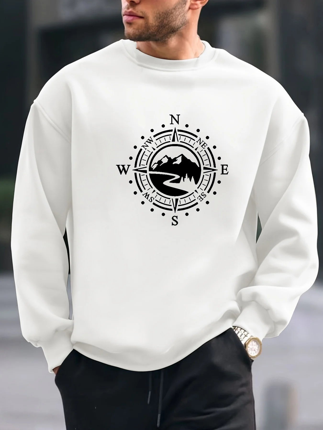 Men's autumn and winter fashionable casual loose compass and mountain graphic printed long sleeved round neck sweatshirt