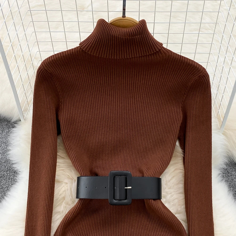 REALEFT Herbst Winter 2025, neue Rollkragen frauen Gestrickte Kleider mit Gürtel Langarm Elegante Bodycon Wrap Kleid Weibliche