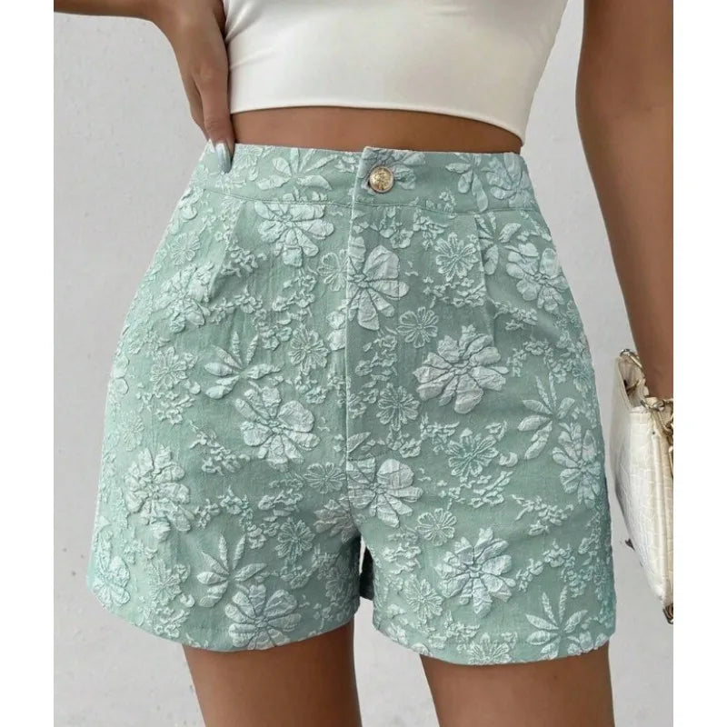 Damen Retro Jacquard High-Waist Straight Shorts – Atmungsaktive Sommer-Streetwear Hot Pants für Alltag und Urlaub