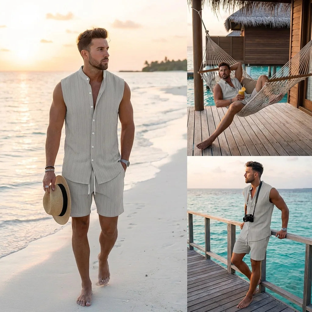 Sommer Neue Herren Mode Stehkragen Einfarbiges Besticktes Ärmelloses Hemd Shorts Set Lässige Strandkleidung
