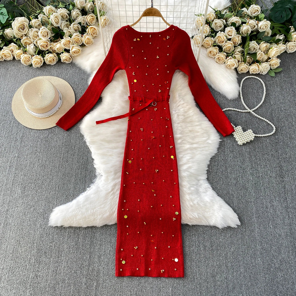 Schickes, sexy, elegantes, langärmliges, figurbetontes O-Ausschnitt-Kleid für Damen, koreanische Abendkleider für Modezeremonie