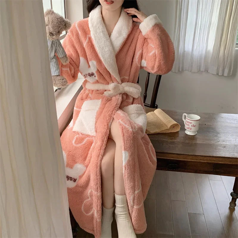 Verdickte Korallen Fleece Robe frauen V-ausschnitt Gürtel Langarm Mid-länge Süße Stil Warme Hause Kleidung Winter Saison
